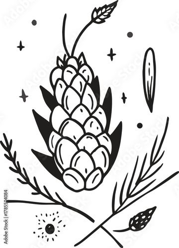 Stylized hand-drawn pine cone illustration with natural forest elements.