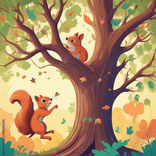 Charming Autumn Scene Featuring Two Playful Squirrels Gathering Acorns Near Their Tree Home