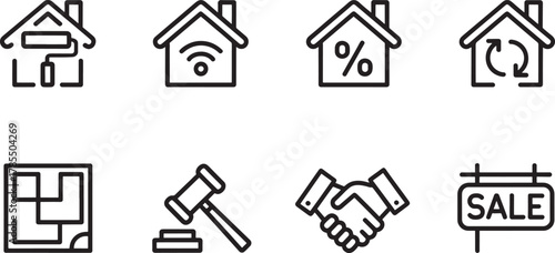 Real Estate Icons Set With House And Gavel Symbols On White Background eight traced