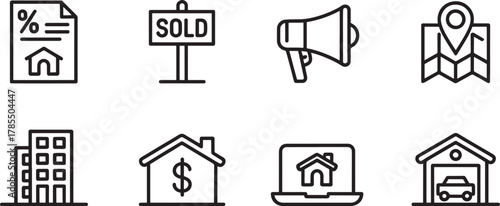 Real Estate Icons Set With House Mortgage Sold Map Megaphone And Building Keywords: real estate