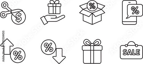 Sale Discount Shopping Icons Gift Box Scissors Phone Percentage vector illustration