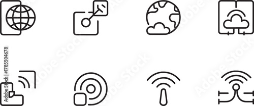 Set of eight digital technology and network connection icons Keywords: network, connection, internet