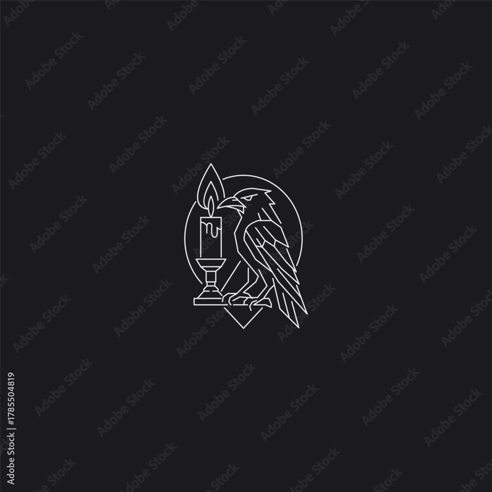 Fototapeta premium Candle and Raven line art logo showing mystery, wisdom, and illumination.
