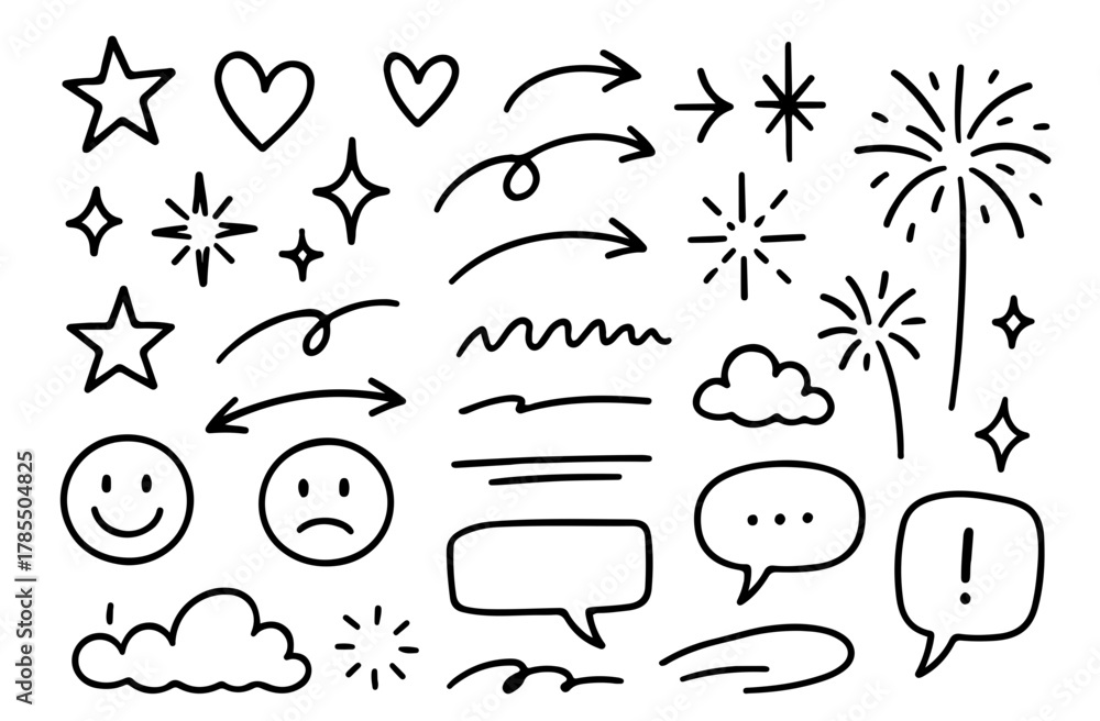Obraz premium Hand-Drawn Doodle Vector Set — Cute Minimal Sketch Elements in Black and White