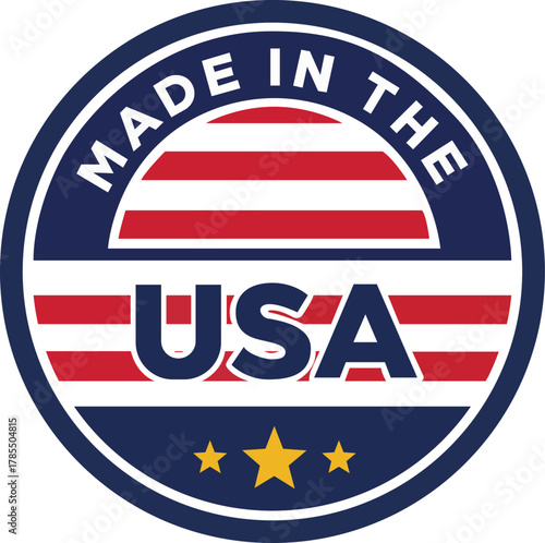 A made in the usa label with red and white stripes and blue background with yellow stars below usa text