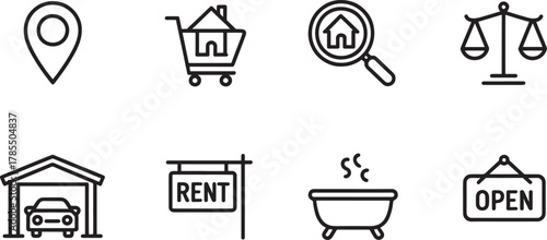 Set Of Eight Outline Icons Related To Real Estate And Services location pin map marker