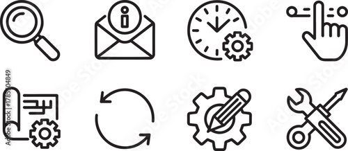 Set of eight outline icons for search, mail, time, and tools Keywords: search, magnifying glass, mail