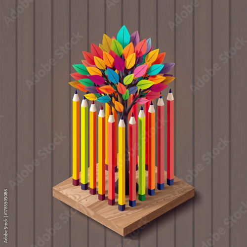 Vibrant Pencil Tree Symbolizing Creativity and Artistic Growth on a Wooden Platform