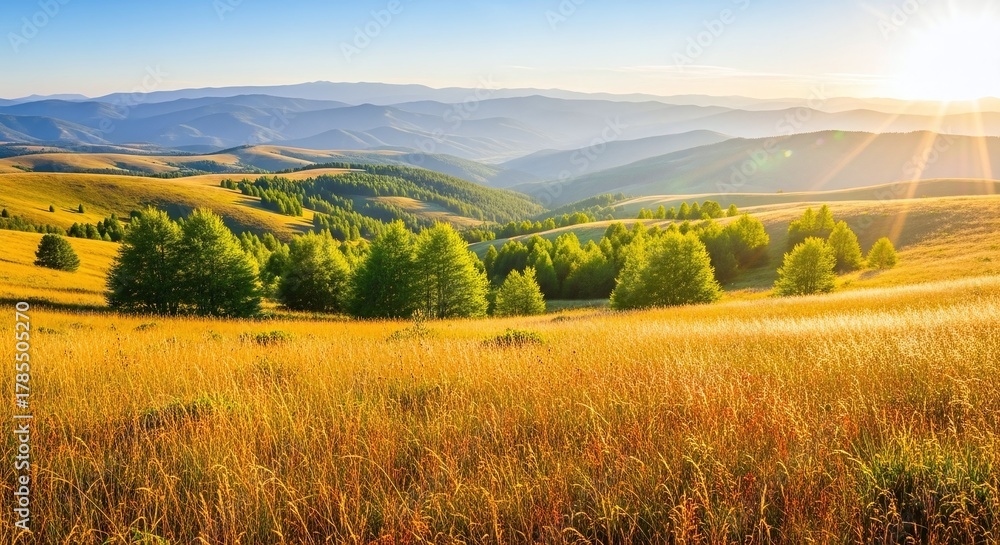 Obraz premium Summer sunset panorama over a green meadow and rural countryside with distant mountains, hills, and a vibrant sky