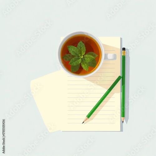 Refreshing Mint Tea Cup Beside Lined Paper and Green Pencils for Relaxing Journaling and Creative Writing