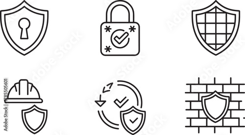 Set of six security and protection related line art icons on white shield lock