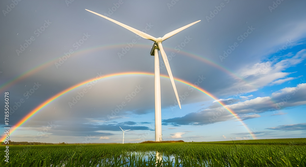Fototapeta premium Sustainable Future: Majestic Wind Turbine Under a Double Rainbow in Green Field