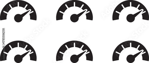 Six black speedometers with needles pointing to the right on a white background gauge dial