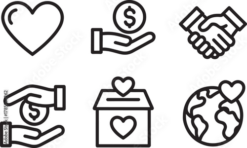 Six charity and donation icons on white background Keywords: icon, charity, donation, heart, hand