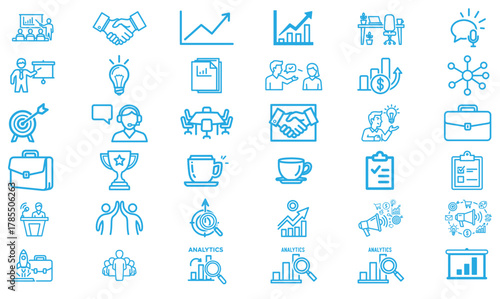 Collection of business and teamwork icons in line style, depicting collaboration, success, and project management, isolated on white background great for presentations and websites