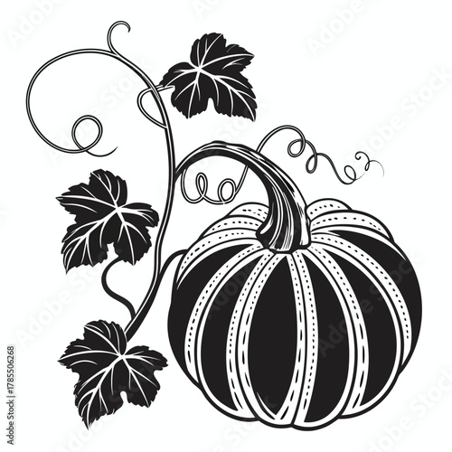 Vintage woodcut style pumpkin with decorative leaves and tendrils