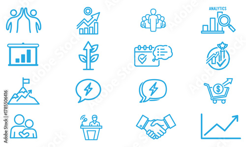 Collection of business and finance vector icons in blue outline style, showcasing teamwork, growth, planning, and analysis, isolated on white background