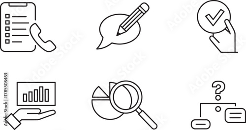 Six line art icons for business processes and analysis tasks Keywords: checklist, clipboard, phone