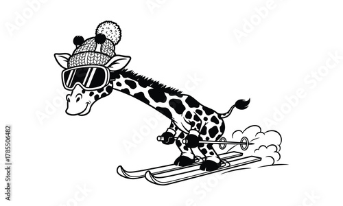 Cartoon giraffe character skiing downhill wearing winter hat and goggles