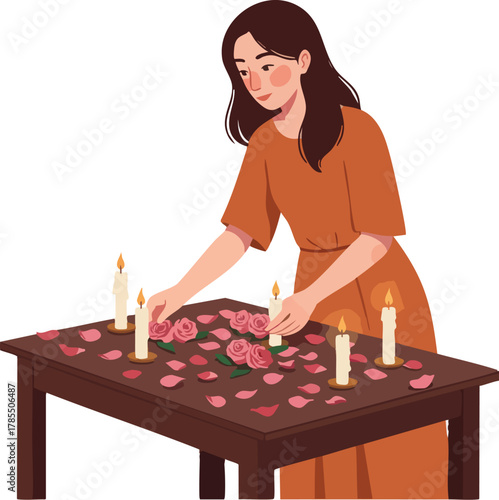 A woman in an orange dress arranging candles and roses on a table with a flat, 2D illustration style for World Candle Day.