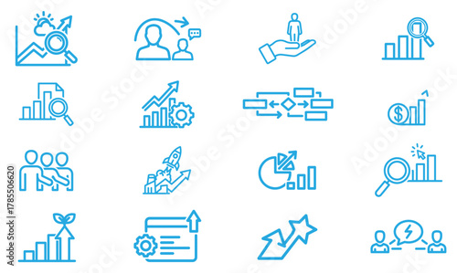 Collection of business and finance vector icons in blue outline style, representing analysis, teamwork, growth, and management, isolated on white background