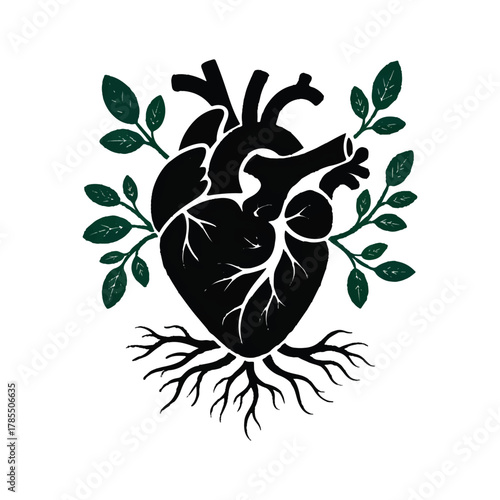 Anatomical heart with roots and leaves