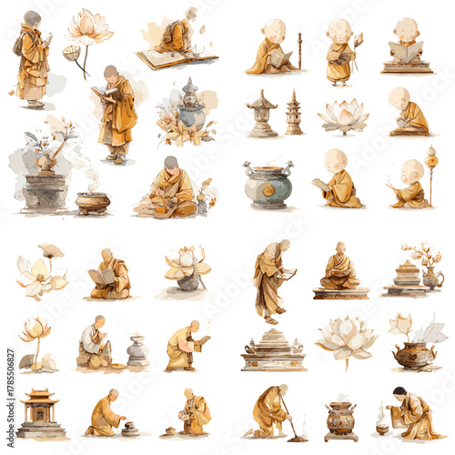 Watercolor illustration set of young Buddhist monks, lotus flowers, temples, and ritual objects in soft earthy tones, perfect for spiritual, cultural, and meditative themes.