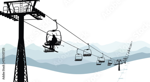 Silhouette ski lift in mountain resort on white background vector