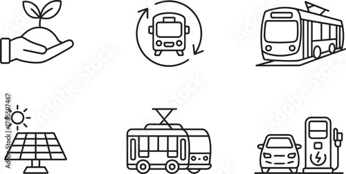 Sustainable Transport and Green Energy Icons with Solar Panel vector illustration