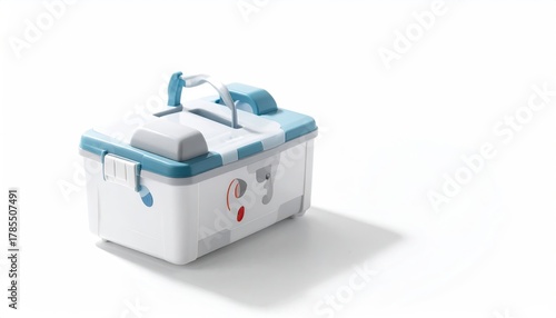 White first-aid box with blue accents on white background