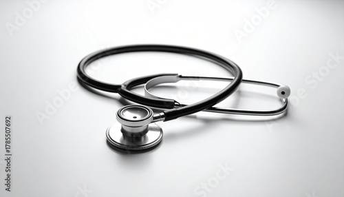 Metal stethoscope lying on white surface, curled gently