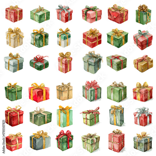 Watercolor Christmas gift box collection featuring festive wrapped presents with bows, ribbons, and decorative patterns in red, green, and gold colors.