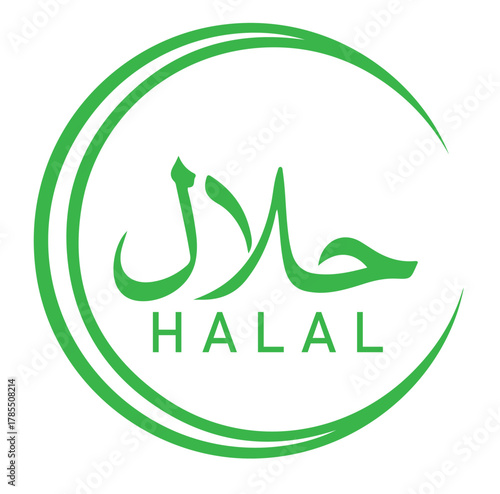 Halal food sign, certified vector label, Islamic permitted symbol, Muslim dietary standard, restaurant compliance icon, isolated badge graphic, lawful meat product