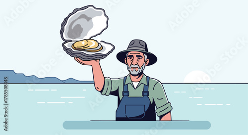 Delightful cartoon of a grizzled fisherman proudly presenting a glistening oyster at sea with a sunrise casting a serene glow around him