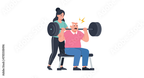 Intense senior weightlifting with attentive trainer, showcasing determination and healthy aging, supported by professional care and fitness