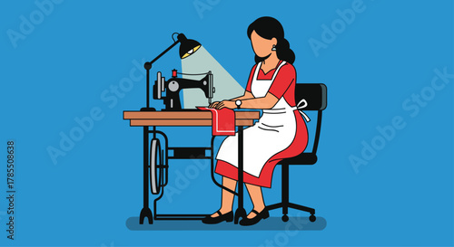 Dedicated seamstress working diligently at her vintage sewing machine, creating elegant designs and personalized clothing in her studio