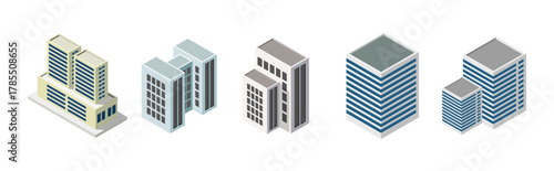 Isometric modern building. Building 3d render illustration with windows and trees, simple icon white colors. home buildings illustrations in 3d dimetric isometric view. Isometric urban city downtown.