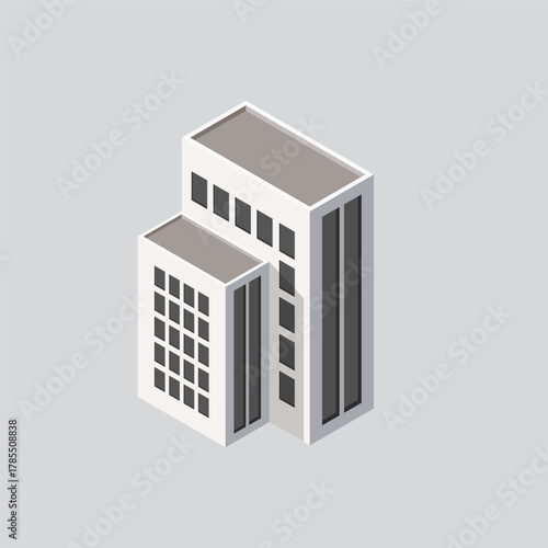 Isometric modern building. Building 3d render illustration with windows and trees, simple icon white colors. home buildings illustrations in 3d dimetric isometric view. Isometric urban city downtown.