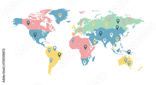 Visualize global expansion with a modern world map marked with location pins, ideal for marketing and business planning presentations