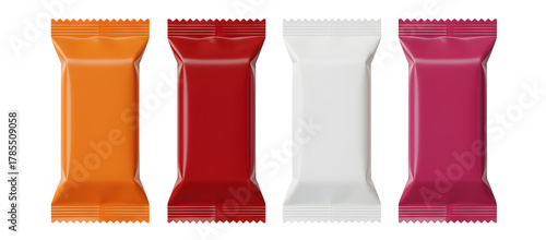 Colorful blank flow pack wrapper mockup for a chocolate bar, candy, or snack food. Isolated on transparent background