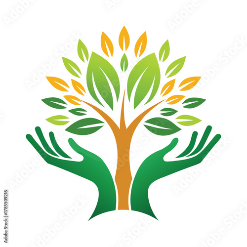 a logo for a tree with hands holding it
