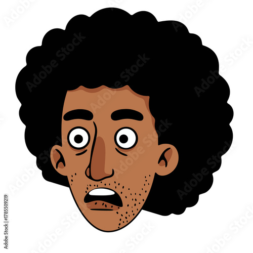 A character with curly hair and a surprised or shocked expression. An emotional reaction or feeling of horror or disgust. For a design element.