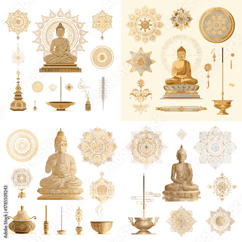 Watercolor Buddhist illustration set featuring Buddha statues, mandalas, sacred symbols, incense burners, and spiritual decorative elements in gold tones.