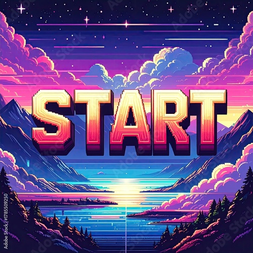 Pixelated START over a retro landscape, vibrant colors