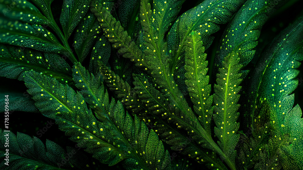 Obraz premium Close up of green fern leaves with yellow spots in a dark and moody setting
