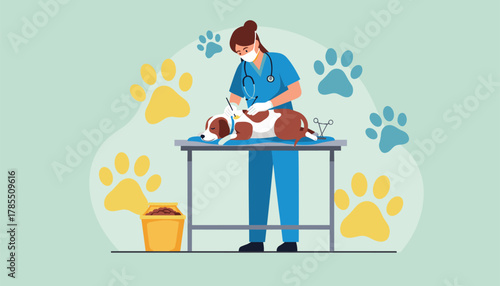 Caring veterinarian examines a sleepy dog on the table in a modern clinic surrounded by colorful paws for pet health and wellness campaigns