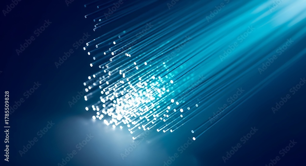 Obraz premium A cluster of bright blue fiber optic strands emitting light rays against a deep blue background.