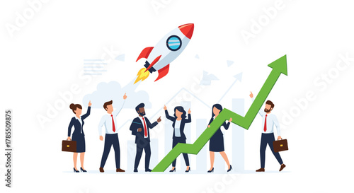 Dynamic team celebrating business growth with rocket launch and rising graph, inspiring success and achievement in a vibrant startup environment