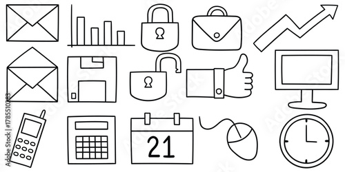 Hand-drawn doodle business icon set on a white background.