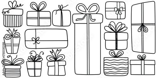 Hand-drawn doodle set of gift boxes on a white background.